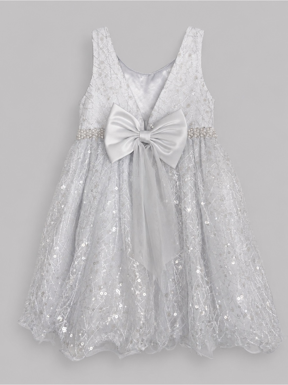 American Princess White Sequin Back-Bow & Pearl Waist Formal Party Dress Sz 4t
